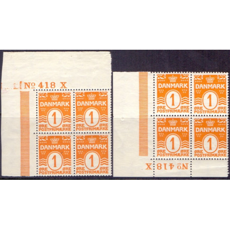 1913-14. Bølgelinie 1 Øre, i to marginal 4-blok. nr. 418 X AFA nr. 77 **