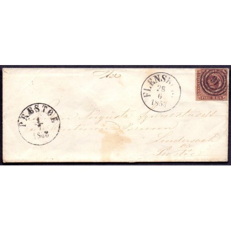 1852. Fire R.B.S Thiele I, rødbrun, brev fra FLENSBURG 28.6.1853