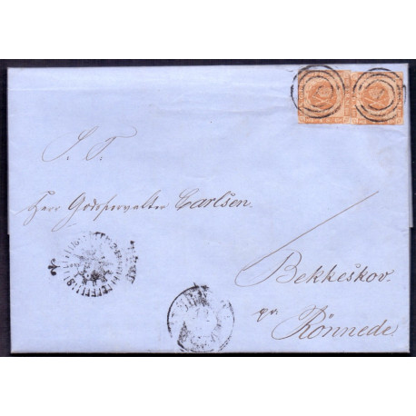 1854. 4 skilling, brev med 2 stk til Rønnede , indvendigt dateret  11.03.1857