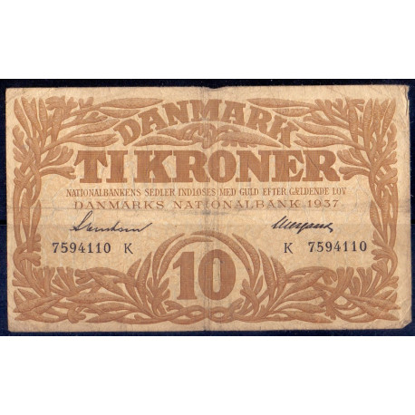 Danmark. 10 kr. Sieg 104 DOP 119 Pick 26 1937 K