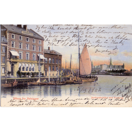 Helsingør. Hilsen fra, Jernbanehotellet med Kronborg, brugt (J.M. Helsingør)