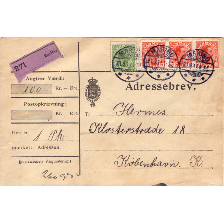 1917. Adressekort med Chr. X 35 Øre til København, med AFA nr. 68, og 3-stribe nr. 69