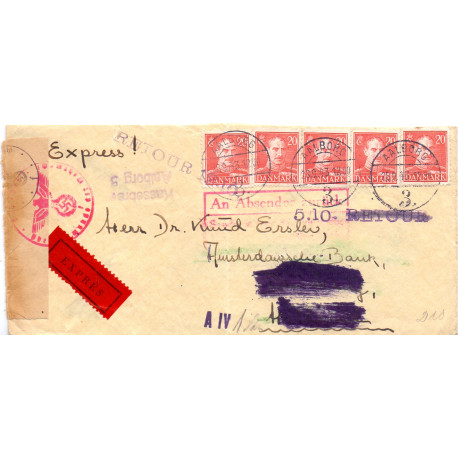 1943. Expressbrev til Holland med 5 stribe AFA nr 276 fra Aalborg med "An Absender Zuruck" samt andre