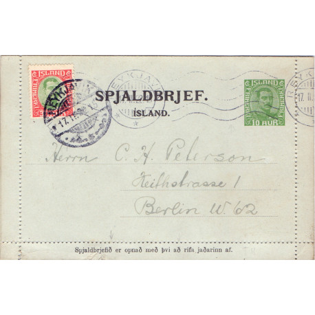 1922. Spjaldbrjef, til Berlin opfrankeret stemplet REYKJAVIK 17.11.22