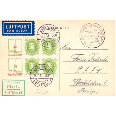 1931. Galle & Jessen 6-blok AFA nr 42 på kort til Sverige "Kun med Nat-Luftpost"