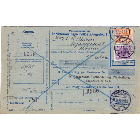 1922. Indbetalingskort med AFA nr 69 og 127 fra vejle til Horsens, med hovedkupon