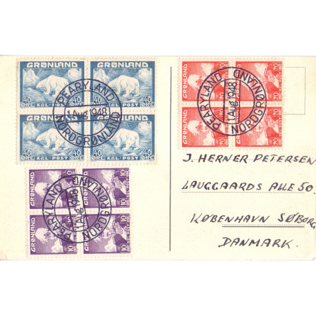 Pearyland Nordgrønland. 4-blokke AFA nr. 4, 26,27 på ekspeditionsbrevkort stemplet. 1.AUG.1948 til Gentofte.
