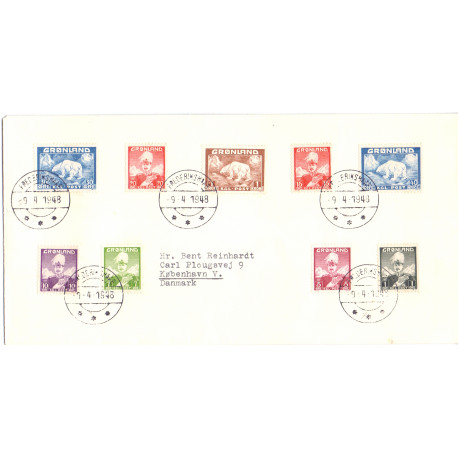 1948. Chr. X og Isbjørn komplet sæt AFA nr 1-7+26-27 på brev stemplet FREDERIKSHÅB 9-4-1948