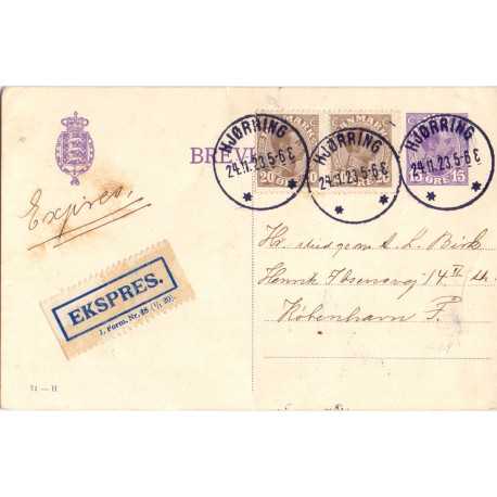 1923. Ekspress  15 øres brevkort, opfrankeret med 2x 20 øre nr. 125, fra Hjørring til københavn 