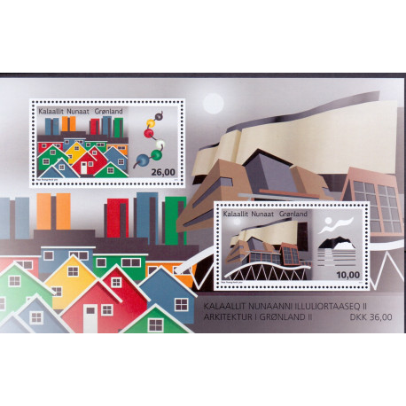 2015. 10,00-26,00 Kr. Grønlandsk arkitektur II i miniark AFA nr. 713 postfrisk  stemplet FDC