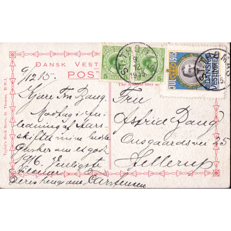 DWI. Postkort fra St. Thomas med AFA nr 2x44 samt julemærke 1915