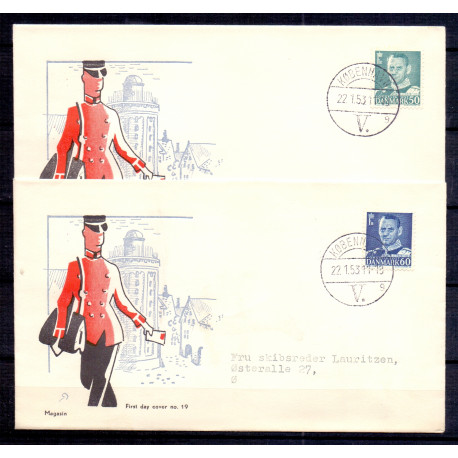1953. Kong Frederik, AFA nr. 338-39 på  FDC med enkeltmærke, 4-blok