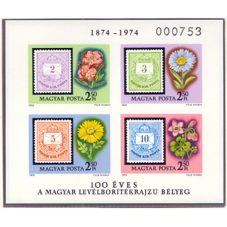 Ungarn/Hungary 1974. Frimærkejubilæum miniark, UTAKKET, AFA nr 2878U **
