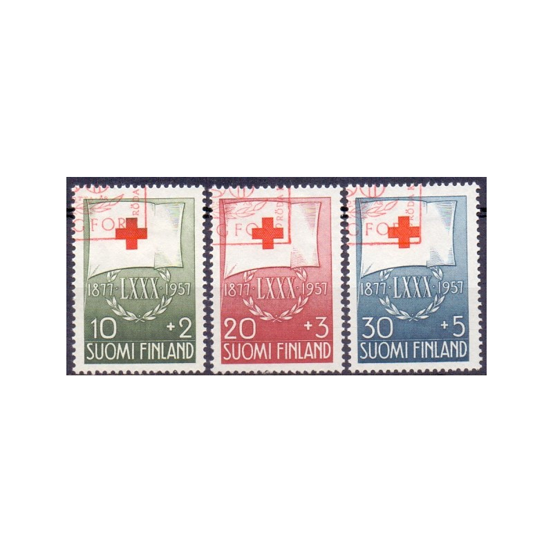 Finland. 1957. Røde Kors. AFA nr. 490-92 **, postfrisk stemplet FDC