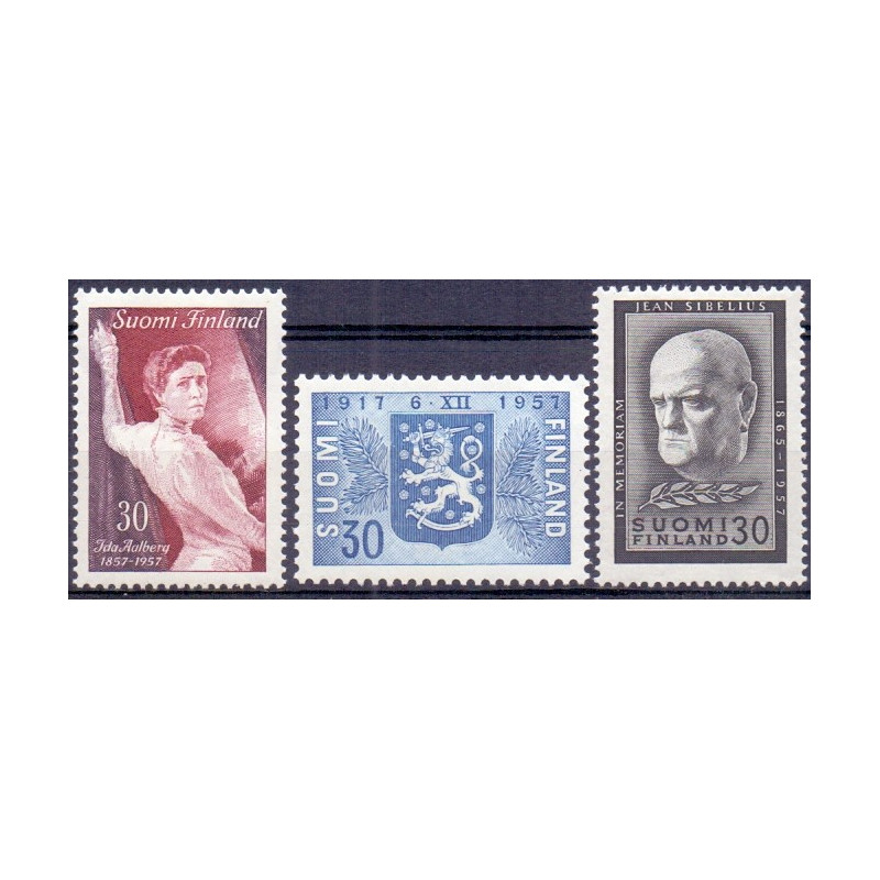 Finland. 1957. Ida Aalberg, Selvstændighed, og  Jean Sibelius. AFA nr. 493-95 **    , postfrisk stemplet FDC