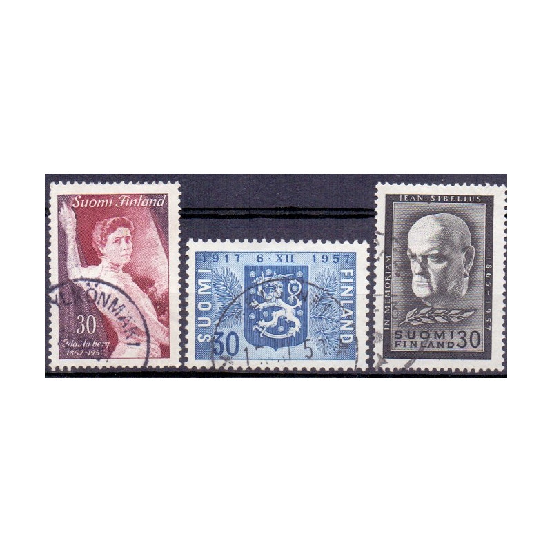 Finland. 1957. Ida Aalberg, Selvstændighed, og  Jean Sibelius. AFA nr. 493-95 **    , postfrisk stemplet FDC