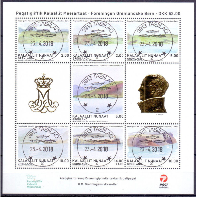 2018. 2-10,00 Kr. Dronningens akvareller, miniark AFA nr. 791 **  postfrisk  stemplet FDC