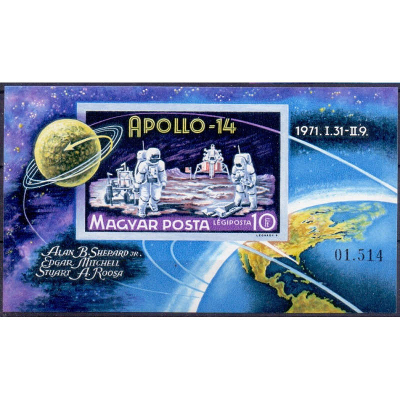 Ungarn.1971. Månelanding. Apollo 14, miniark, UTAKKET. AFA nr 2604U **    stemplet