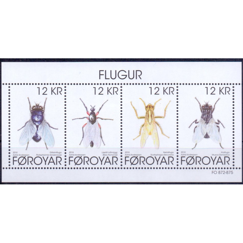 Færøerne 2018. Fluer, miniark, AFA nr 903 **, Postfrisk stemplet FDC