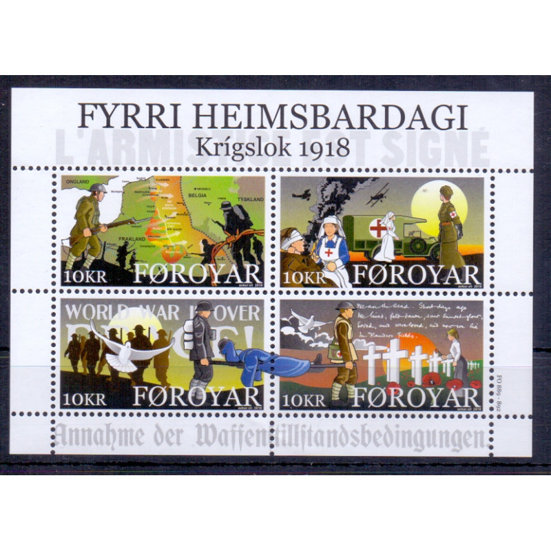 Færøerne. 2018. Første Verdenskrig slutter, miniark. AFA nr. 925 ** , Postfrisk stemplet FDC