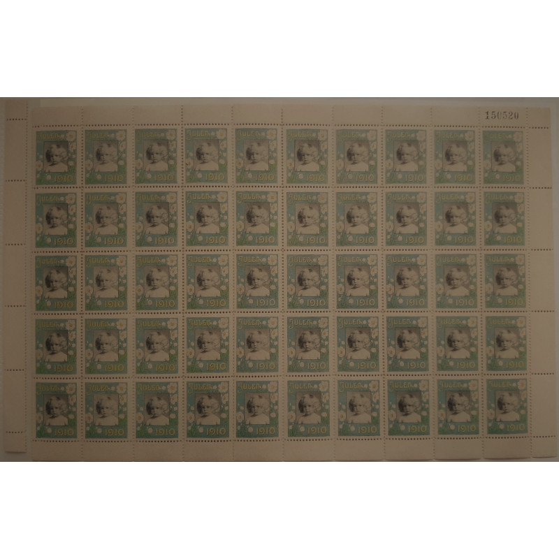 Danmark julemærke 1910 i helark ufoldet, foldet