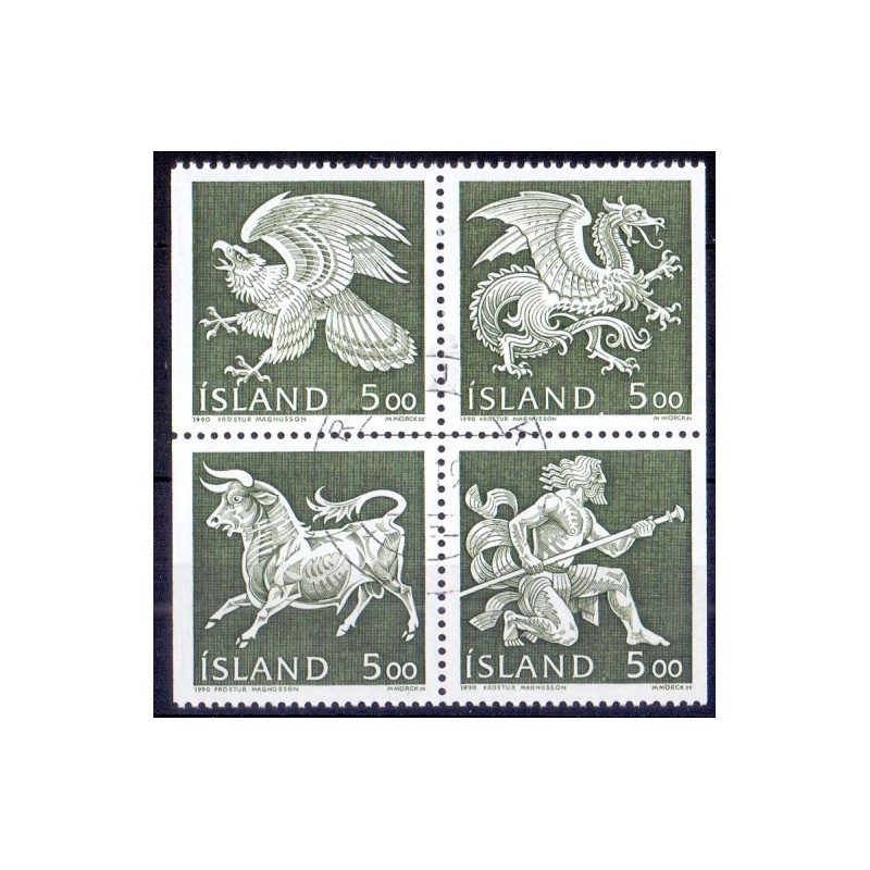 Island. 1990. De fire skytsånder i islands våben, i 4-blok. AFA nr. 713-20 **  postfrisk st. stemplet FDC