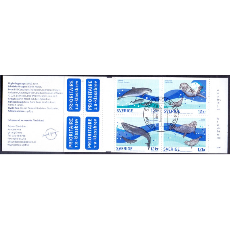 Sverige 2010. Livet i havet. AFA nr. 2709-12 postfrisk sammentryk stemplet  hæfte FDC parstykkke