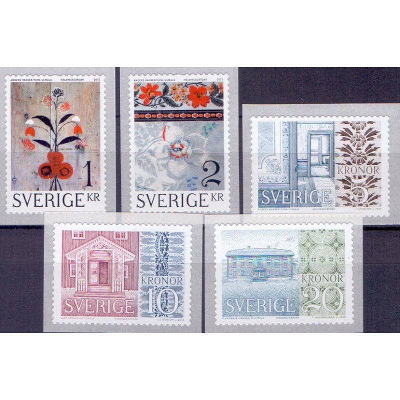 Sverige 2015. Gårde i Hälsingland. AFA nr. 3026-30 postfrisk   stemplet  hæfte FDC parstykkke