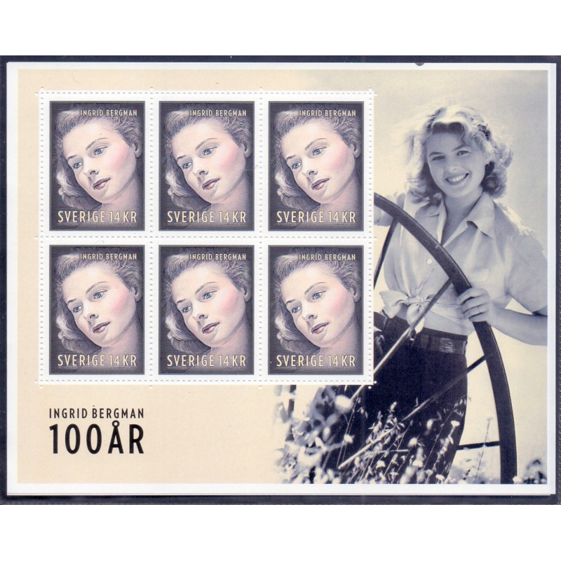 Sverige 2015. 100 året for Ingrid Bergman. miniark AFA nr. 3033 postfrisk    stemplet  hæfte FDC parstykkke