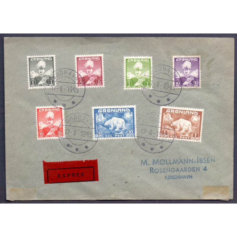 Kong Chr. og Isbjørn  AFA nr. 1-7 på EXPRESS-brev stemplet GODHAVN 17-8-1945