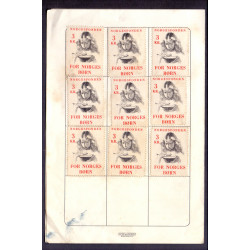 Mærkater. “For Norges Børn”, 3 kr. sort/rød. 9 stk. opsat på “Faderskabsbrev” i officiel folder