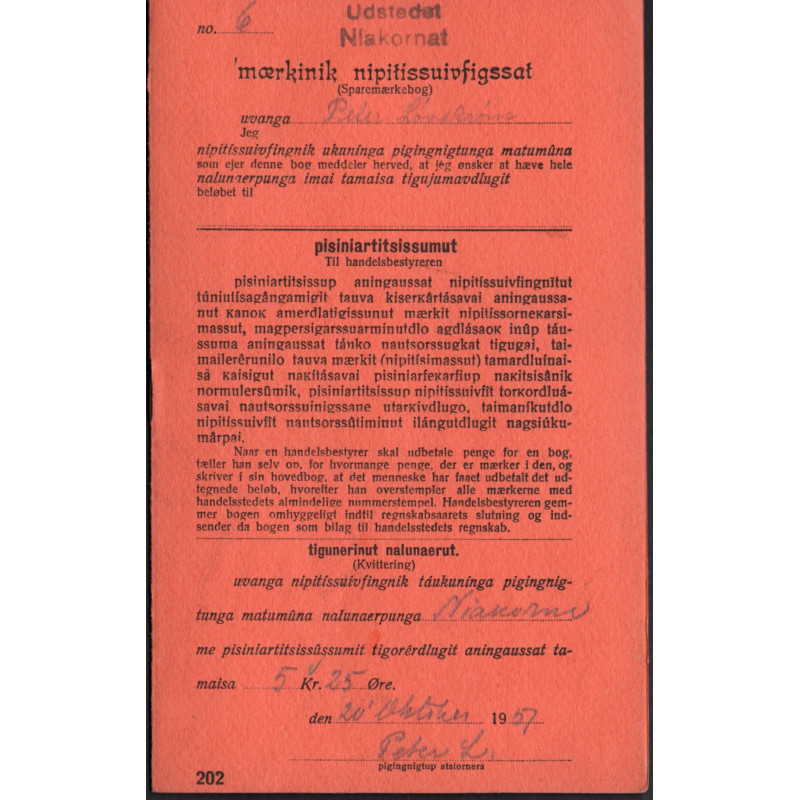 1942. SPAREMÆRKEBOG. Grøngrå udgave med 44 stk. 25 øre SITDLIMAT SPAREMÆRKE fra 15/12 1942 med Nystrøm Nanortalik
