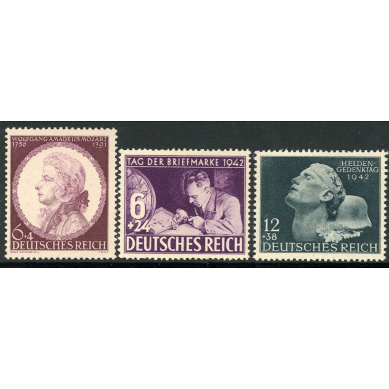 Rige. 1942. Mozart, Frimærket dag & Heltemindedagen. AFA nr. 801-03 **     st. used