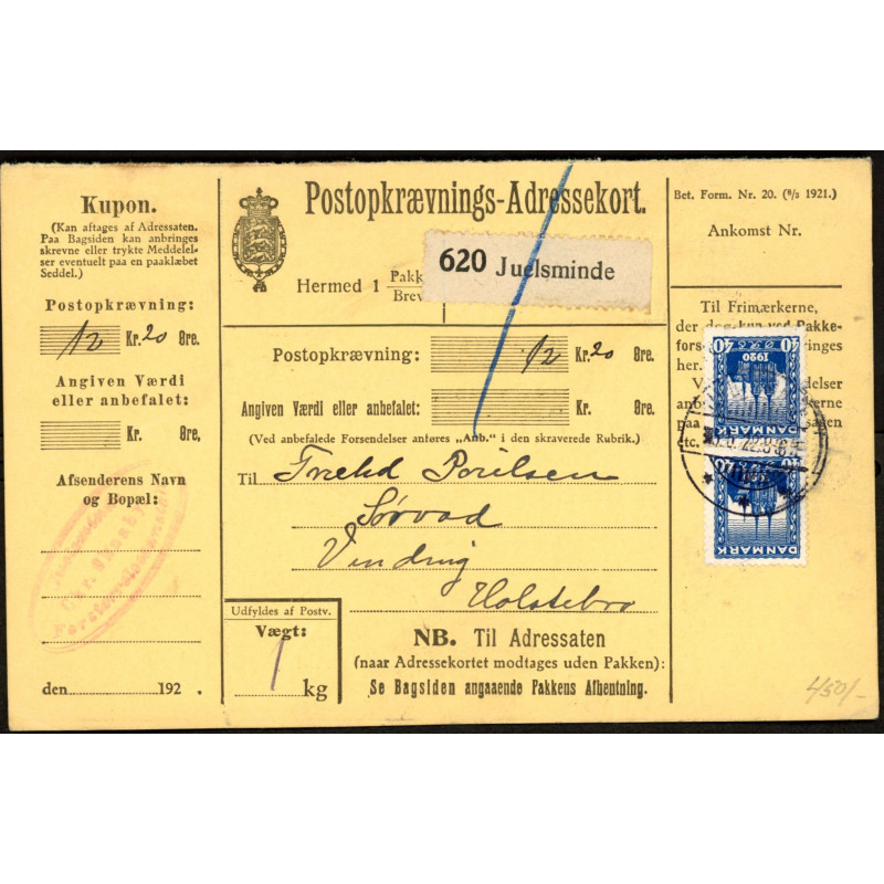 1922. Postopkrævnings-Adressekort med par 40 Øre Genforening AFA nr 116