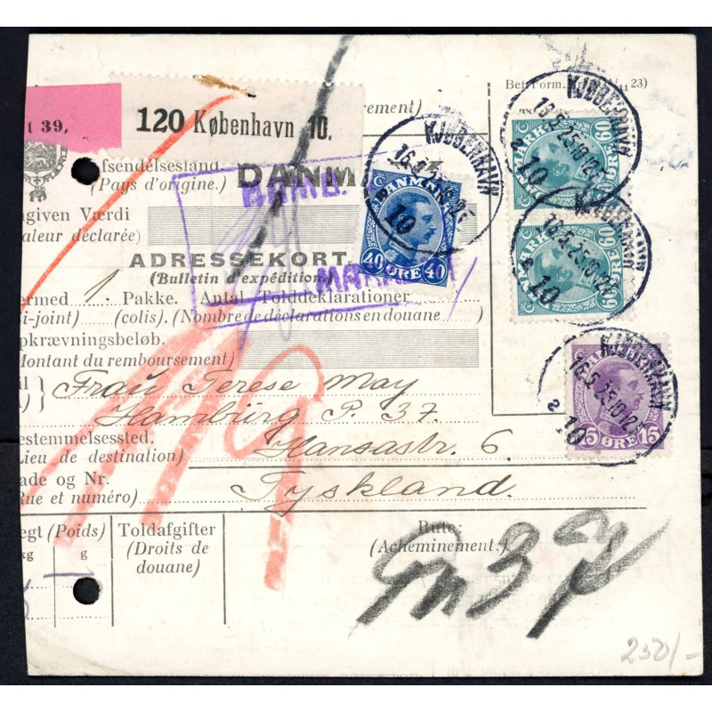 1925. Adressekort til Tyskland med par 60 Øre, 40,15 Øre Chr. X