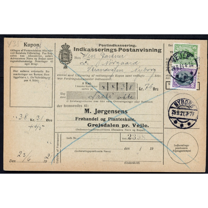 1921. Indkasserings-Postanvisning med 2x 30 Øre Chr. X