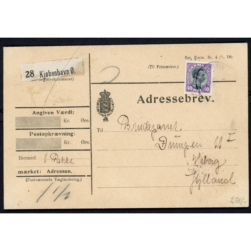 1919. Adressebrev single frankering med 40 øre Chr. X