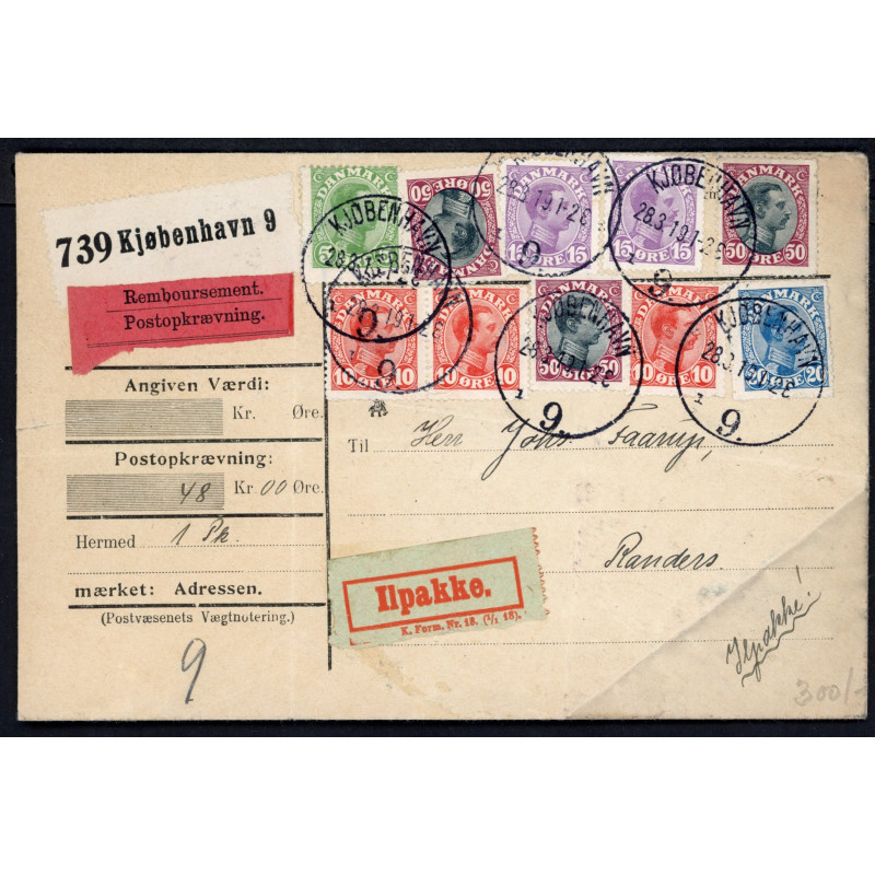 1918. Adressebrev for Ilpakke med 5,10, 15, 20 og 50 øre Chr. X