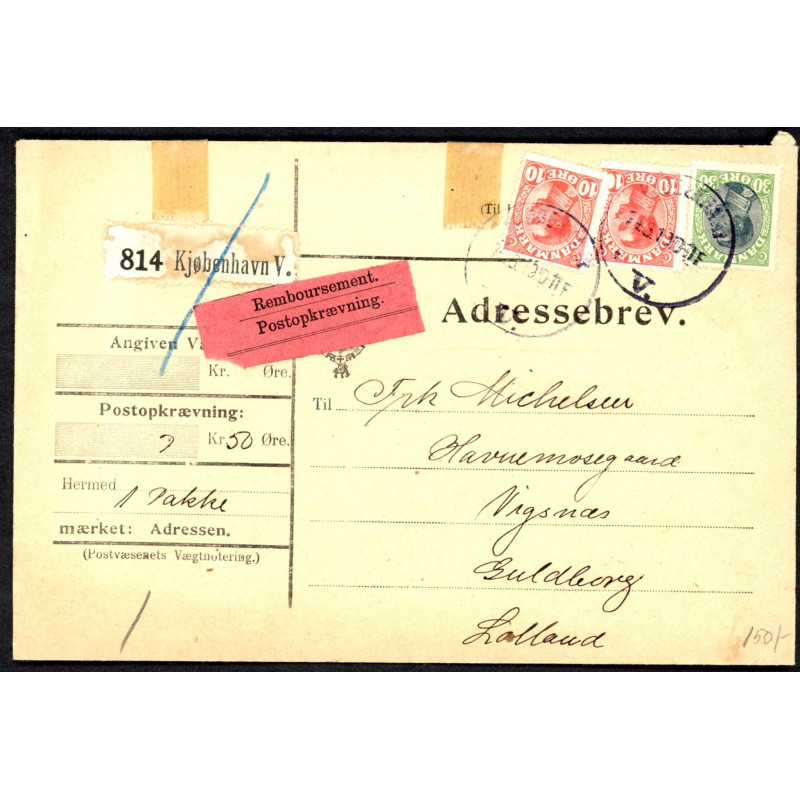 1918. Adressebrev med 2x10 og 30 øre Chr. X