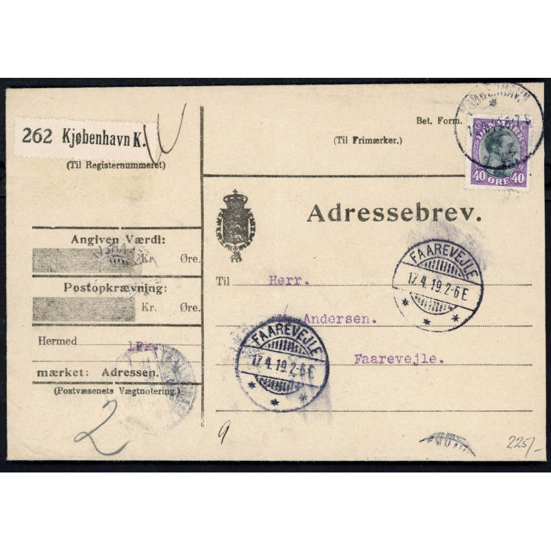 1919. Adressebrev single frankering med 40 øre Chr. X