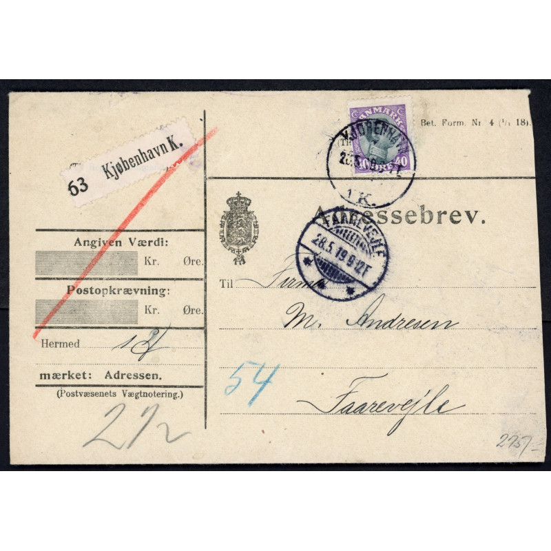 1919. Adressebrev single frankering med 40 øre Chr. X