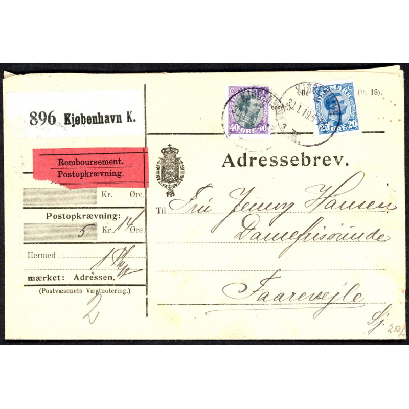 1919. Adressebrev med 20 og 40 øre Chr. X
