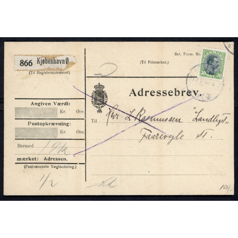 1919. Adressebrev single frankering med 30 øre Chr. X