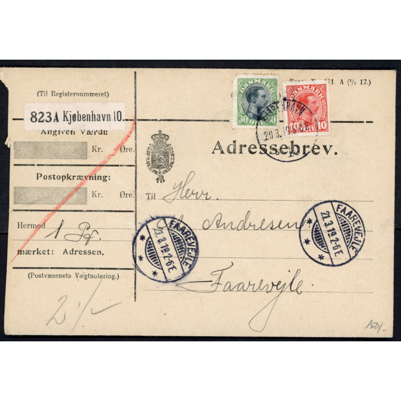 1918. Adressebrev med 10 og 30 øre Chr. X