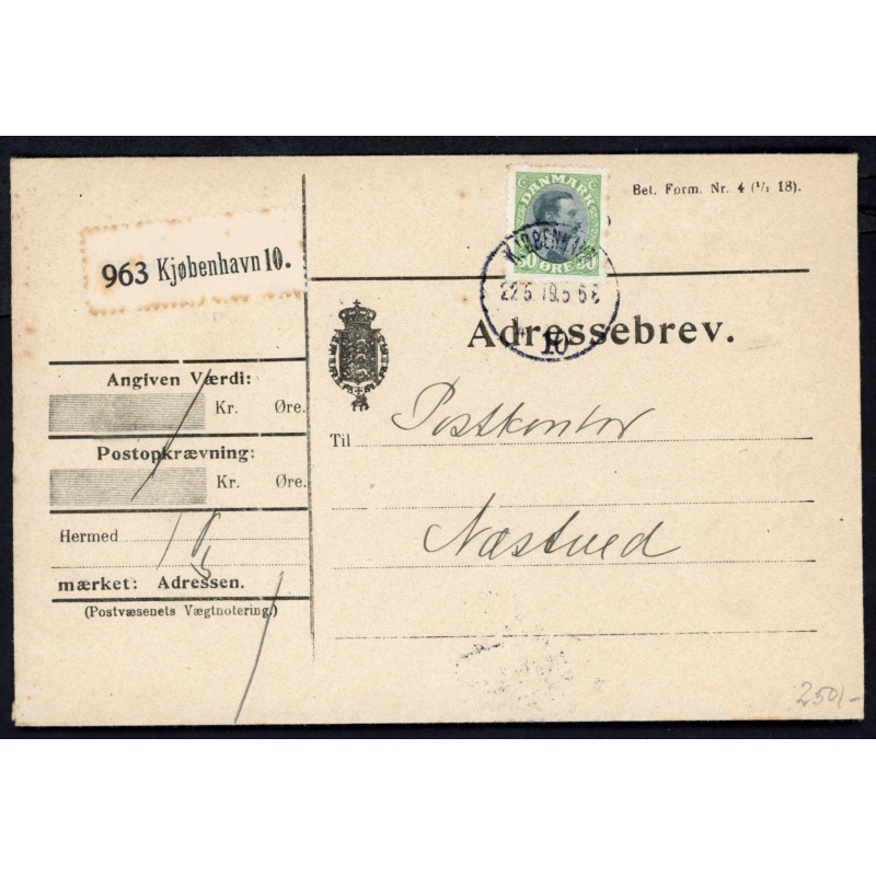 1919. Adressebrev single frankering med 30 øre Chr. X