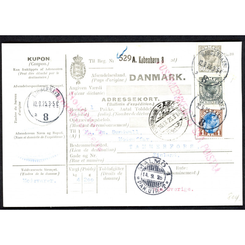 1925. International adressekort med 1 kr og 60 øre Chr. X m.m. til Schweiz