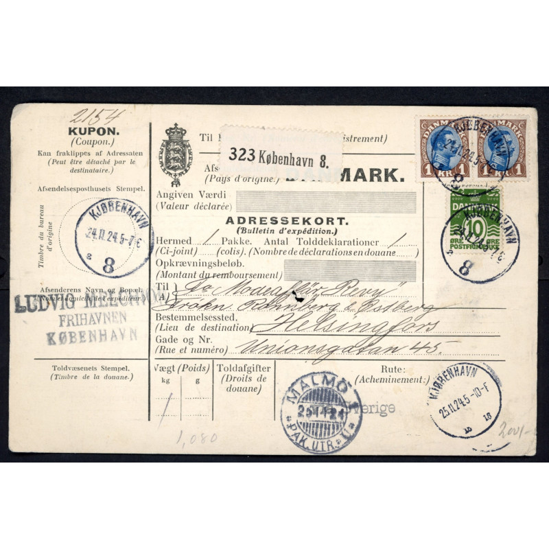 1924. International adressekort med 2 stk 15 øre, samt 1 kr Chr. X til Sverige