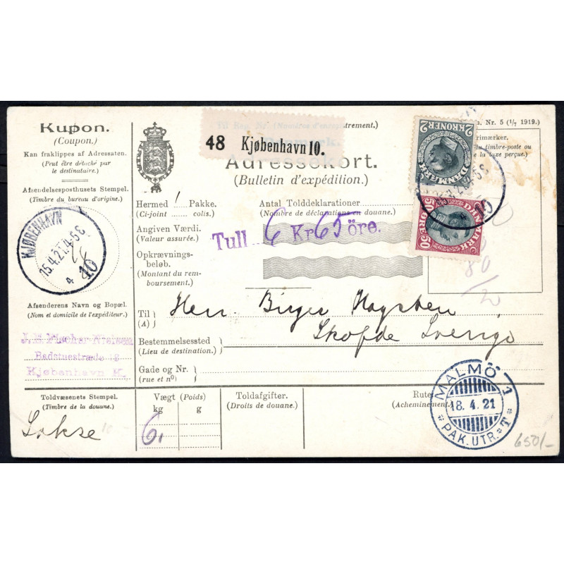 1921. International adressekort med 2 kr, og 50 Øre, Chr. X til Sverige