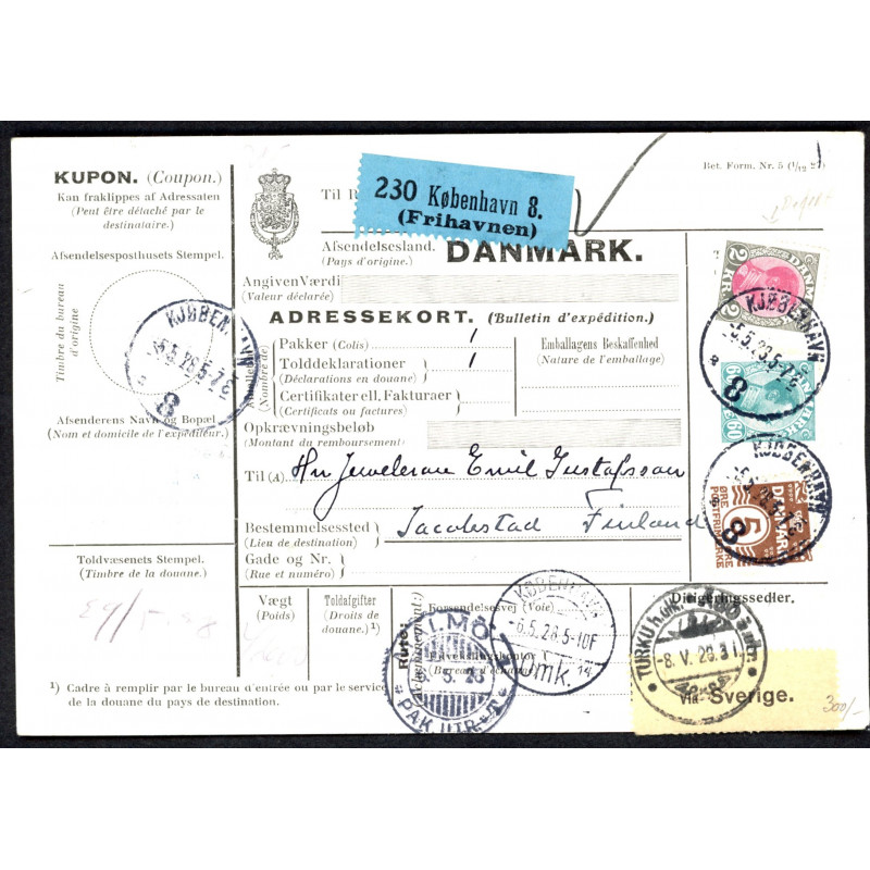 1921. International adressekort med 2 kr,(defekt) og 60 Øre, Chr. X m.m. til Finland