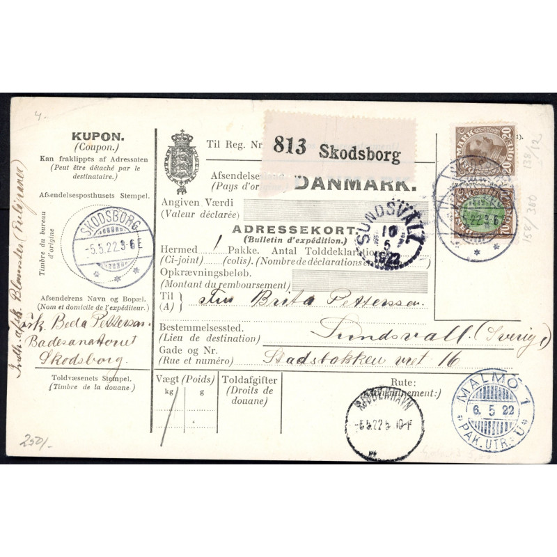1921. International adressekort med 2 kr,(defekt) og 60 Øre, Chr. X m.m. til Finland